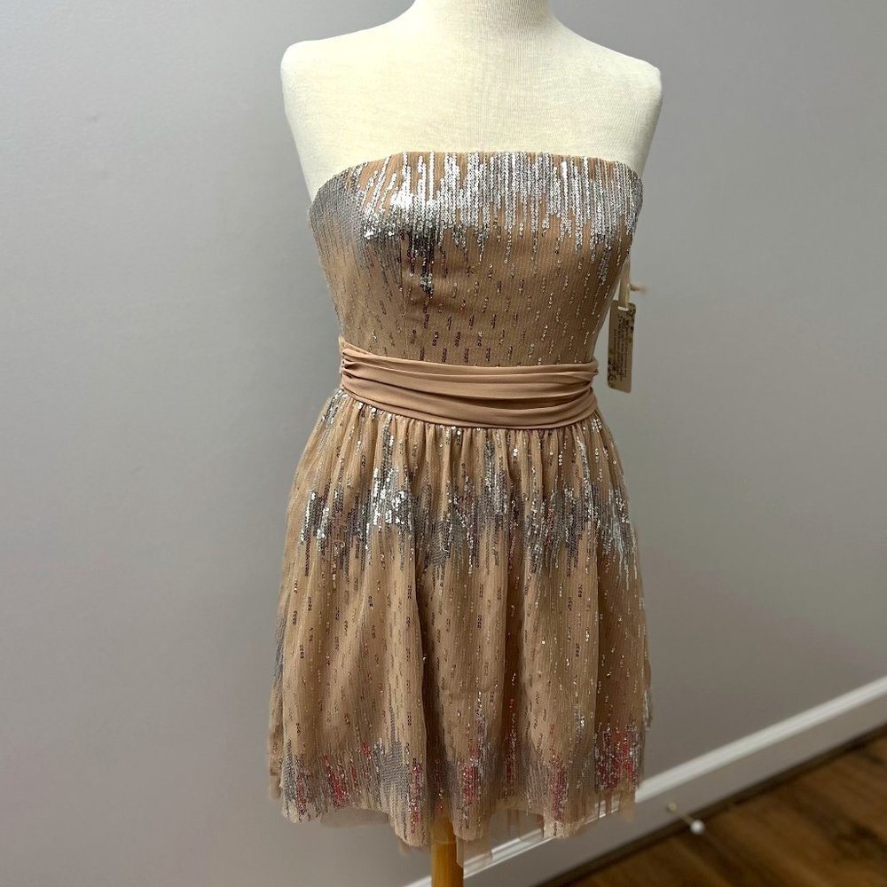 NEW Altar’d State Strapless Nude Blush Sequin Tulle Formal Short Dress Sz L